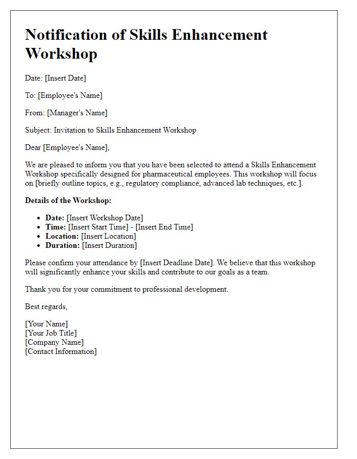 Letter template of notification for pharmaceutical employee skills enhancement workshop