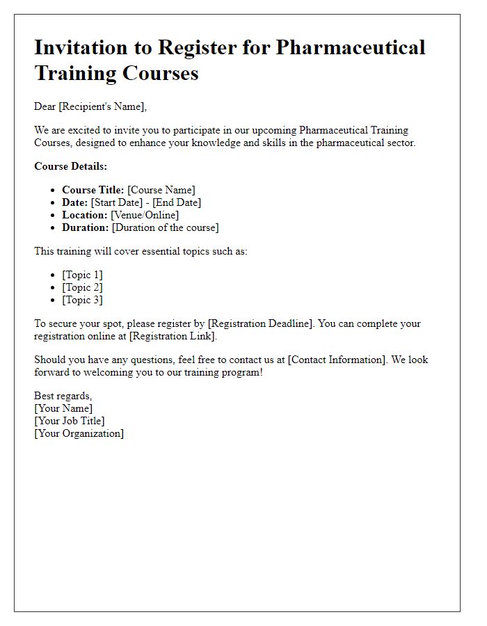 Letter template of registration invitation for pharmaceutical training courses