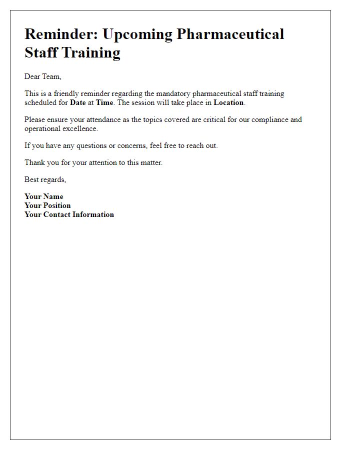 Letter template of reminder for pharmaceutical staff training attendance