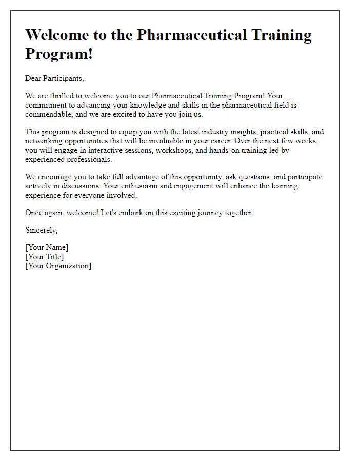 Letter template of welcome for participants in pharmaceutical training program