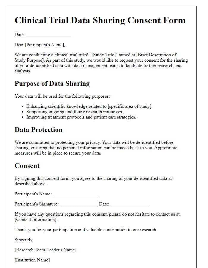 Letter template of clinical trial data sharing consent for data management teams