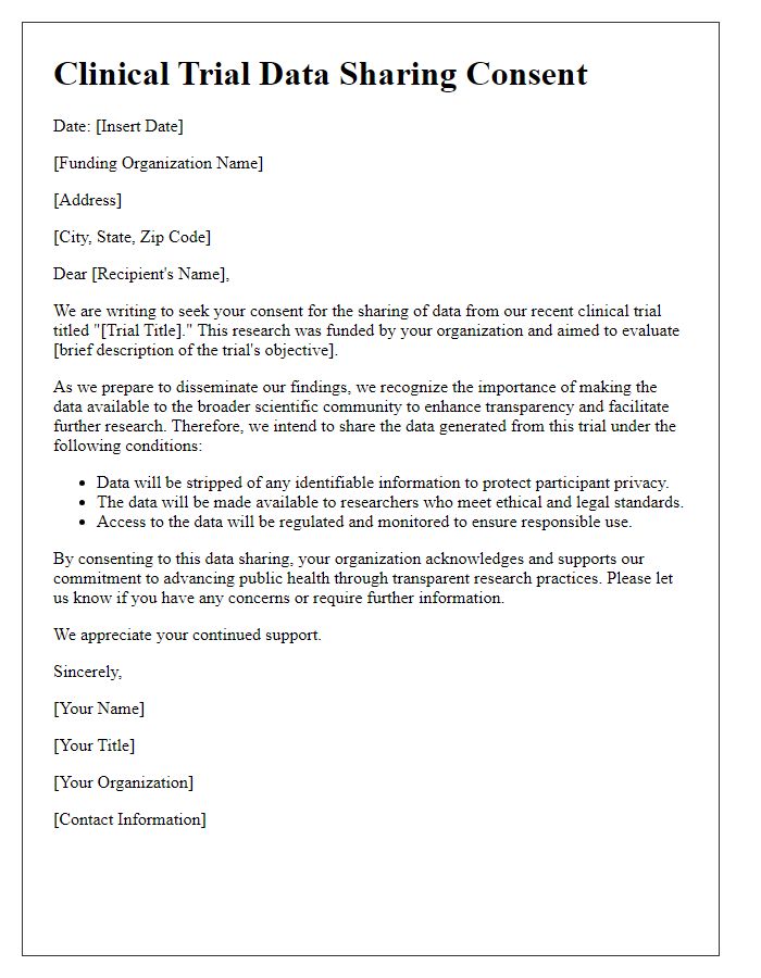 Letter template of clinical trial data sharing consent for funding organizations