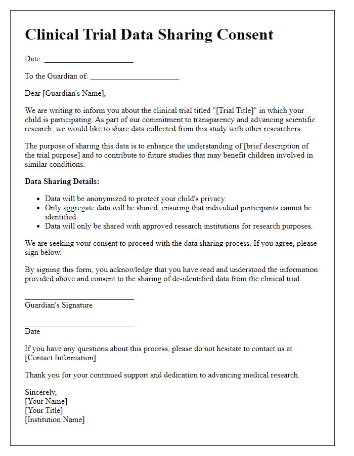 Letter template of clinical trial data sharing consent for guardians