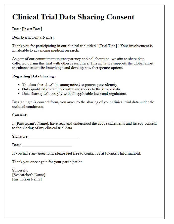 Letter template of clinical trial data sharing consent for participants