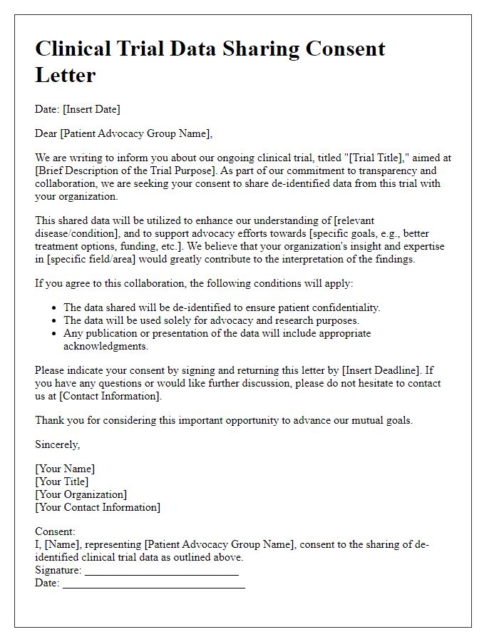 Letter template of clinical trial data sharing consent for patient advocacy groups