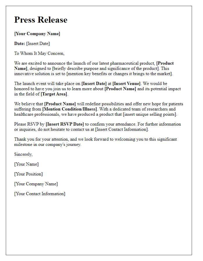 Letter template of pharmaceutical product launch for media outlets.