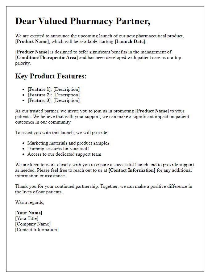 Letter template of pharmaceutical product launch for pharmacy partners.