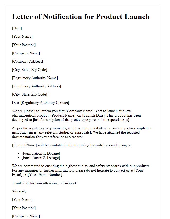 Letter template of pharmaceutical product launch for regulatory authorities.