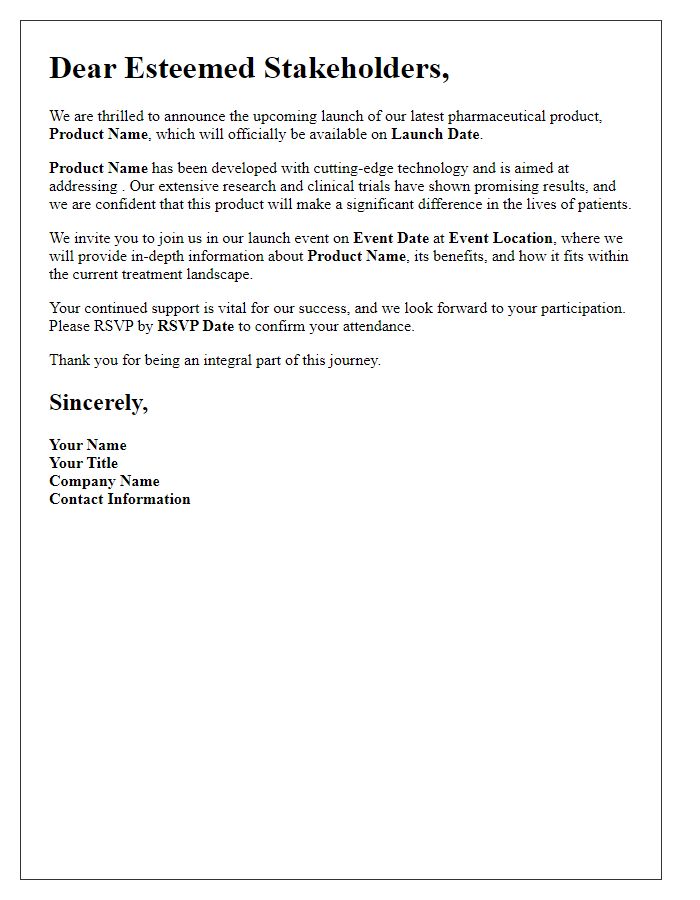 Letter template of pharmaceutical product launch for stakeholders.