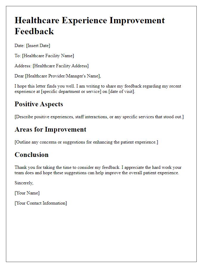 Letter template of Healthcare Experience Improvement Feedback