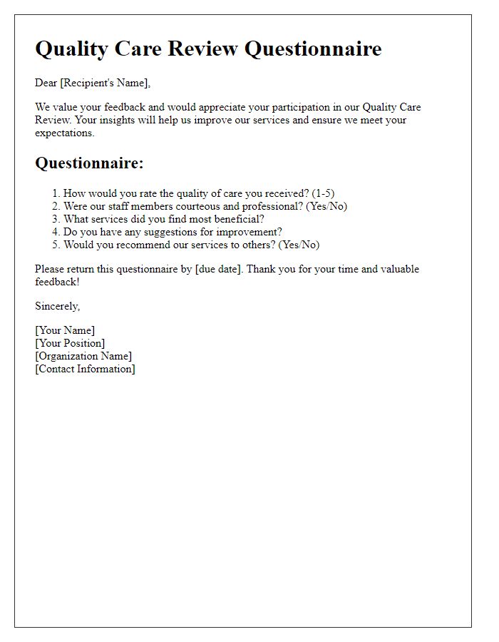 Letter template of Quality Care Review Questionnaire