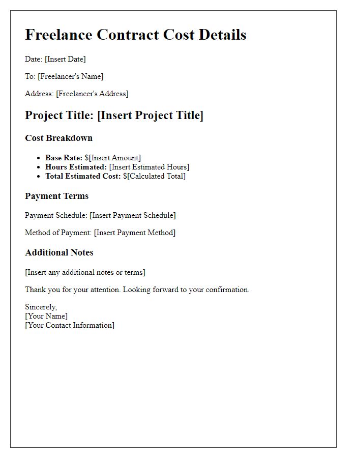 Letter template of freelance contract cost details