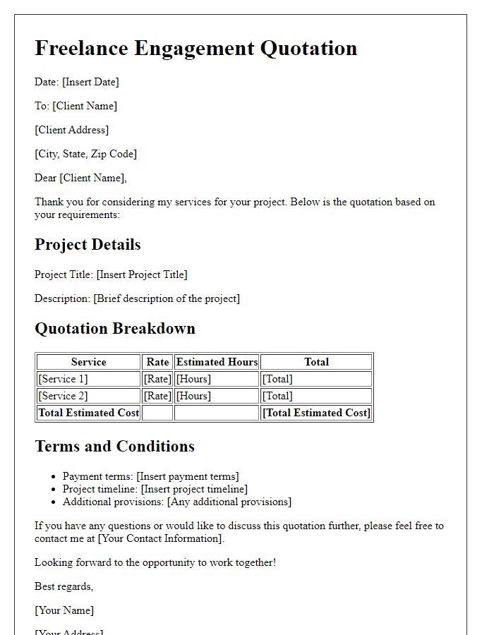 Letter template of freelance engagement quotation