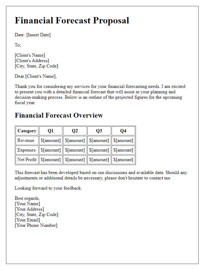 Letter template of freelance financial forecast