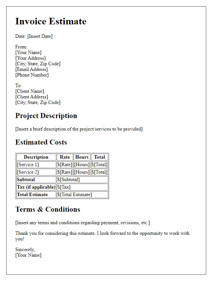 Letter template of freelance invoice estimate