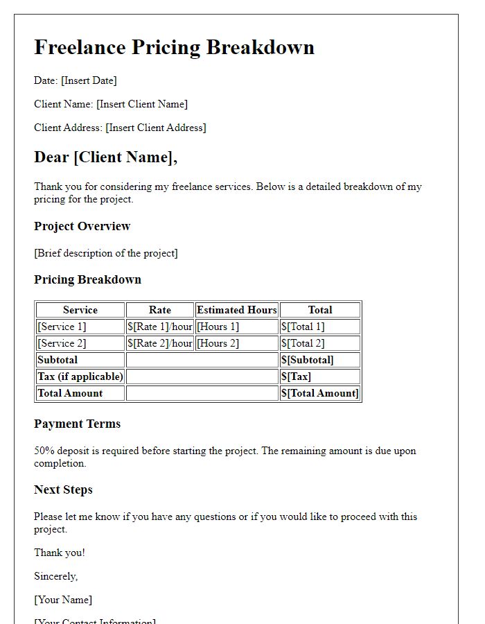 Letter template of freelance pricing breakdown