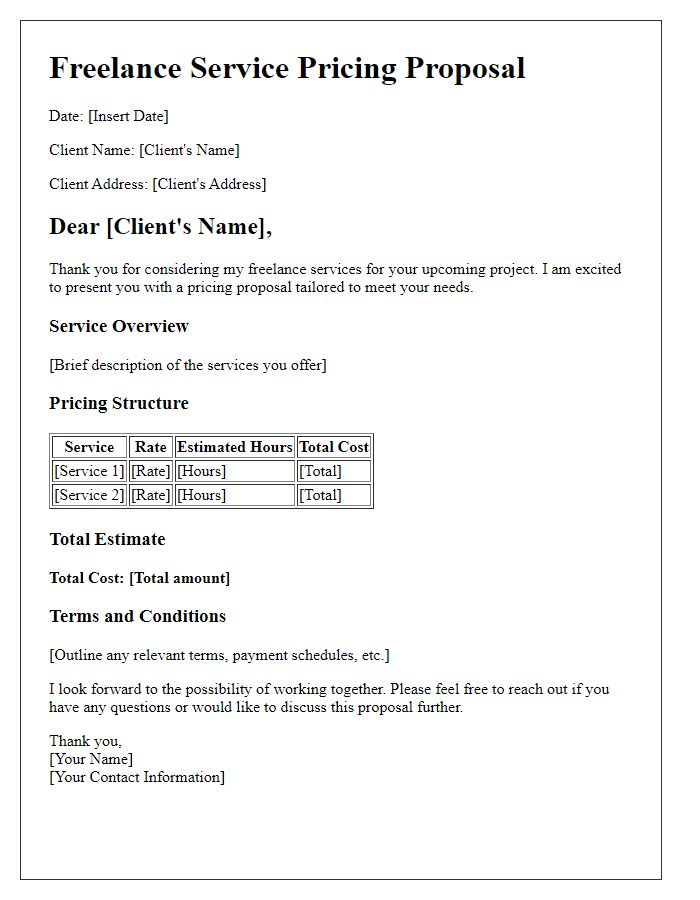 Letter template of freelance service pricing proposal