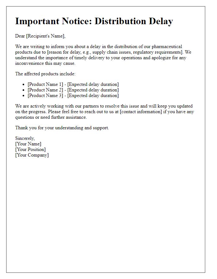 Letter template of alert for pharmaceutical distribution delays