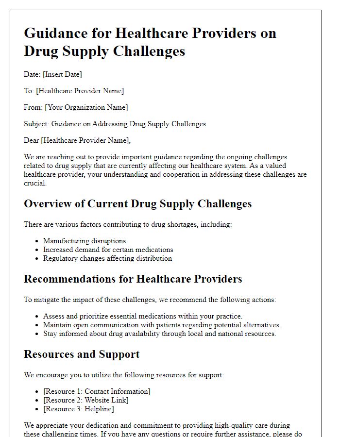 Letter template of guidance for healthcare providers on drug supply challenges