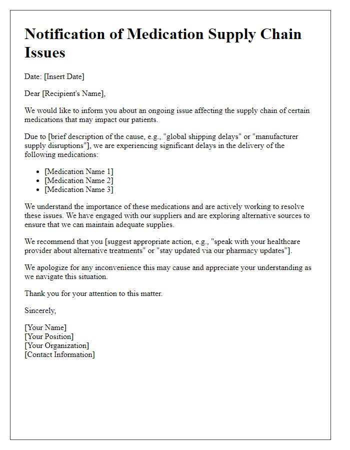 Letter template of notification for medication supply chain issues