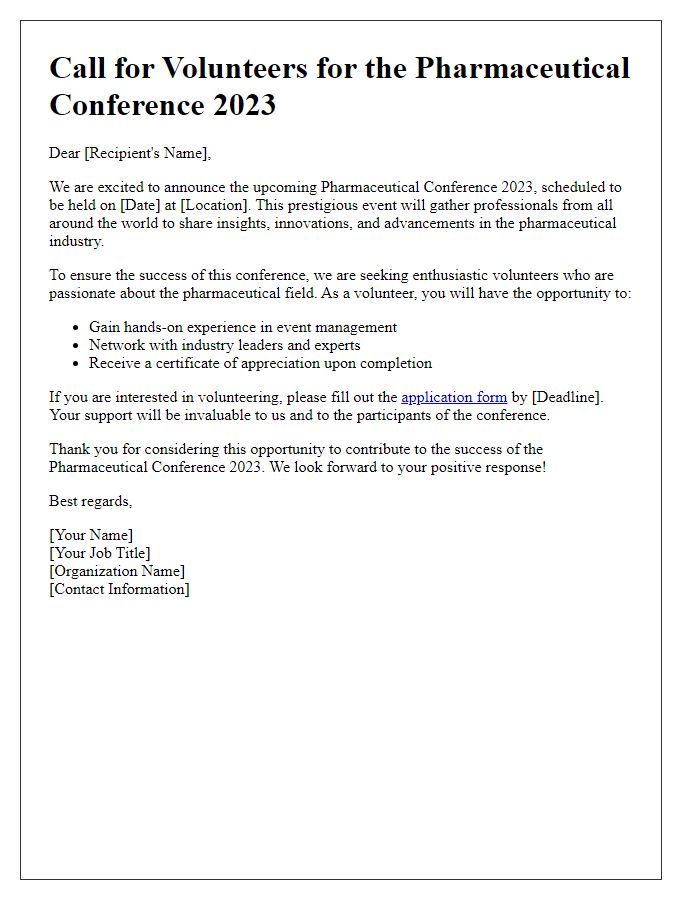 Letter template of call for volunteers for pharmaceutical conference events