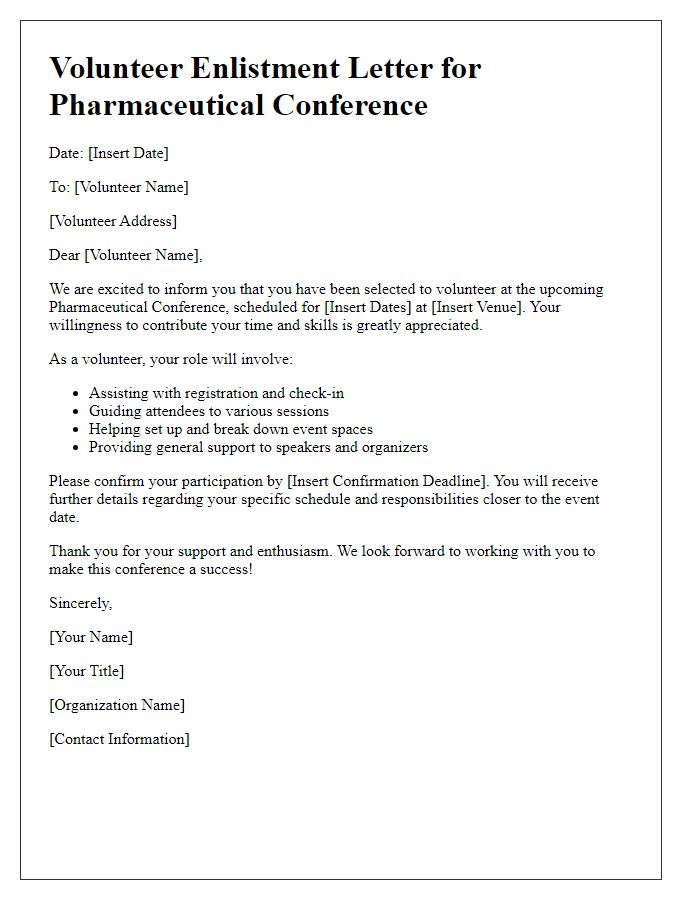 Letter template of enlistment for pharmaceutical conference volunteer roles