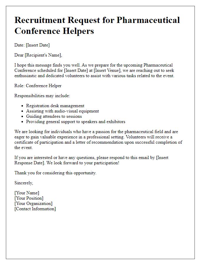 Letter template of recruitment request for pharmaceutical conference helpers