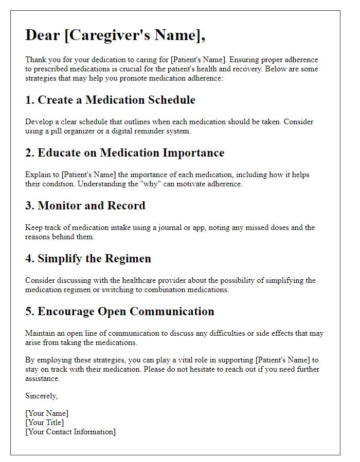 Letter template of prescription drug adherence strategies for caregivers.