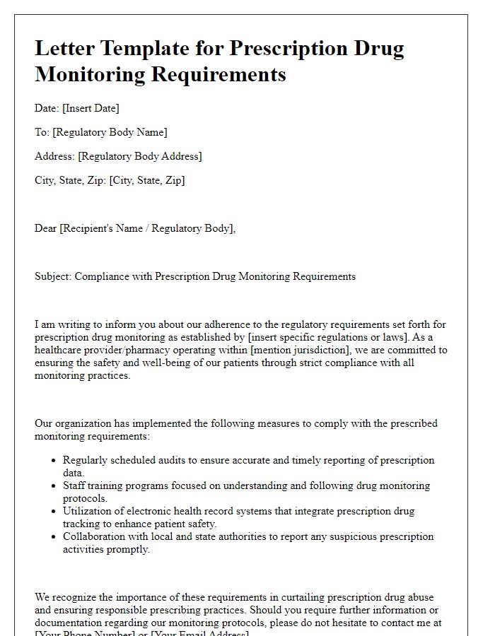 Letter template of prescription drug monitoring requirements for regulatory bodies.