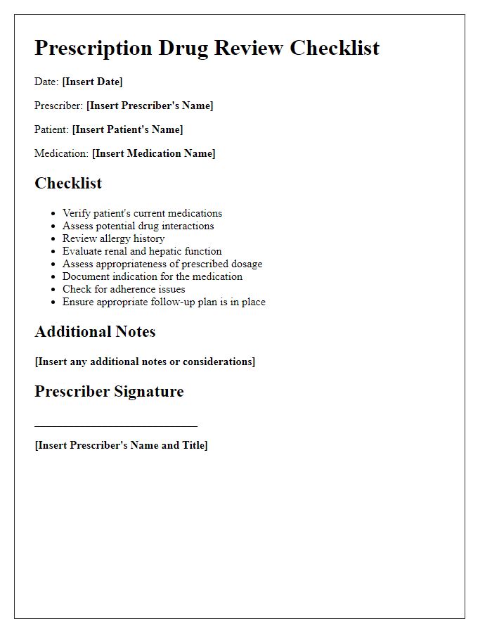 Letter template of prescription drug review checklists for prescribers.