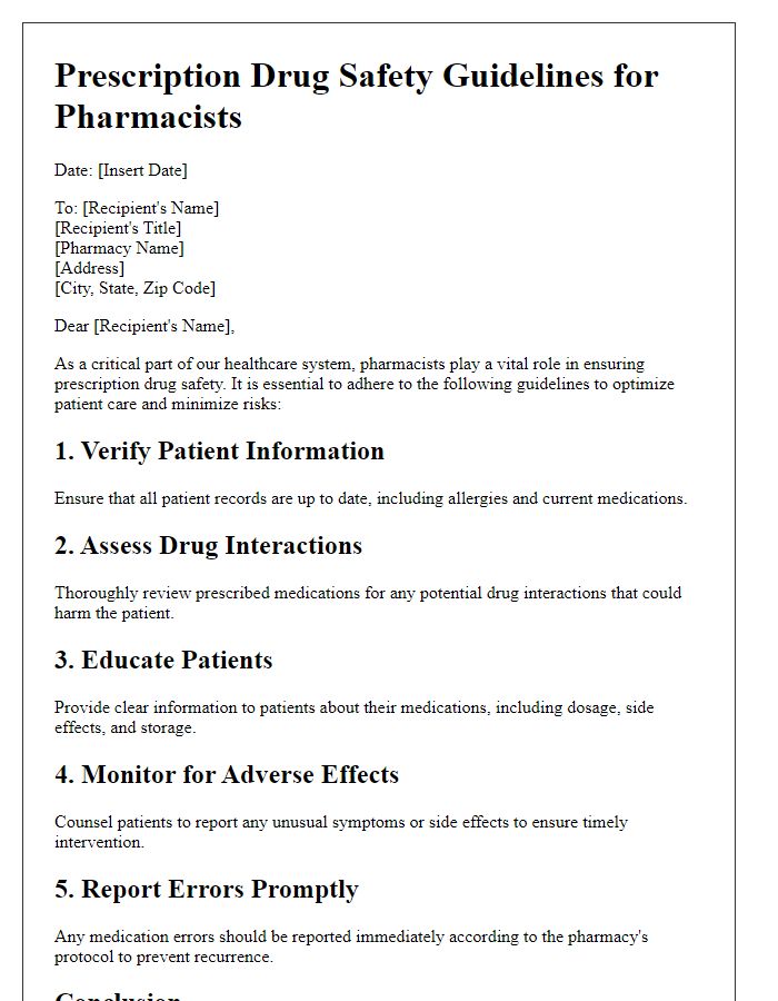 Letter template of prescription drug safety guidelines for pharmacists.