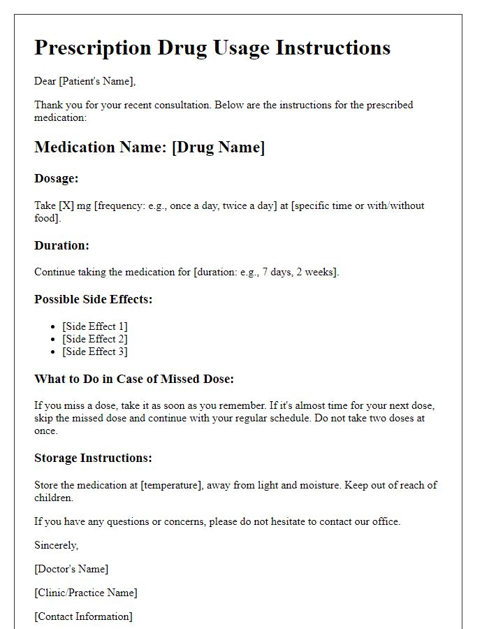 Letter template of prescription drug usage instructions for patients.