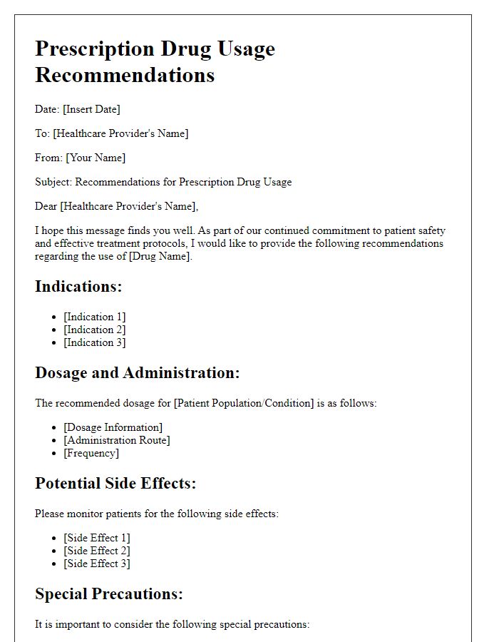 Letter template of prescription drug usage recommendations for healthcare providers.