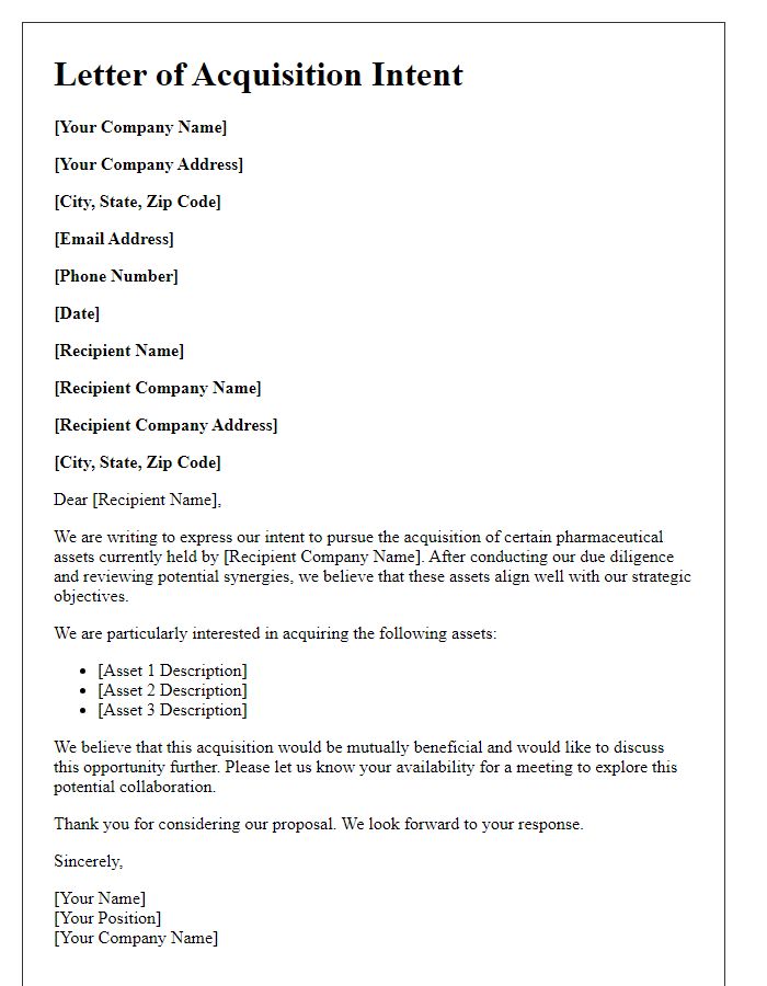 Letter template of acquisition intent for pharmaceutical assets