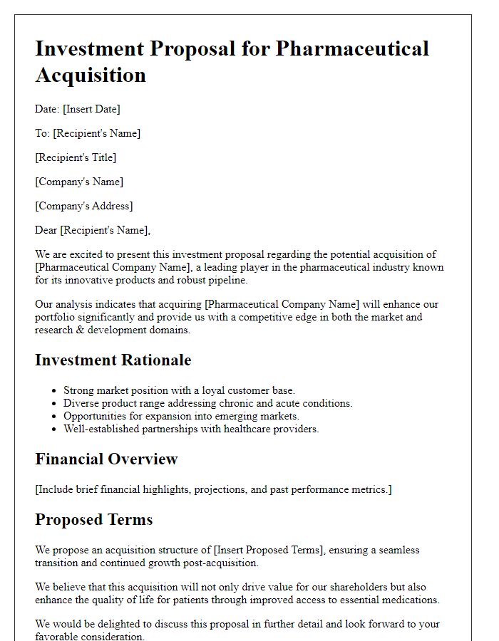 Letter template of investment proposal in pharmaceutical acquisition