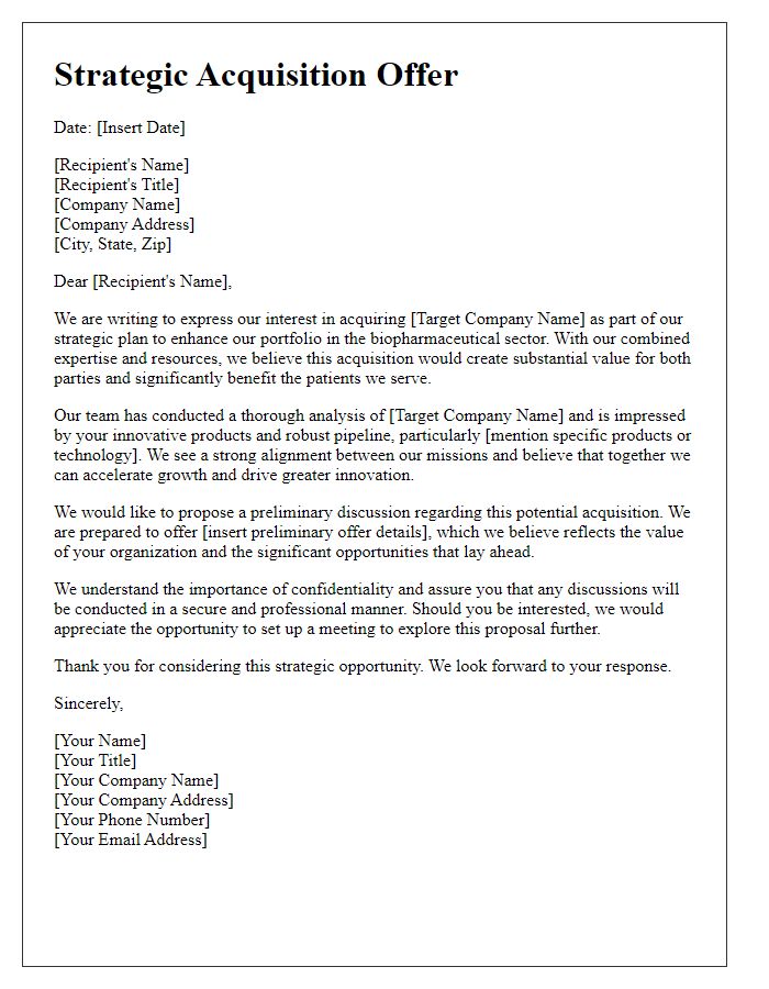 Letter template of strategic acquisition offer for biopharmaceuticals