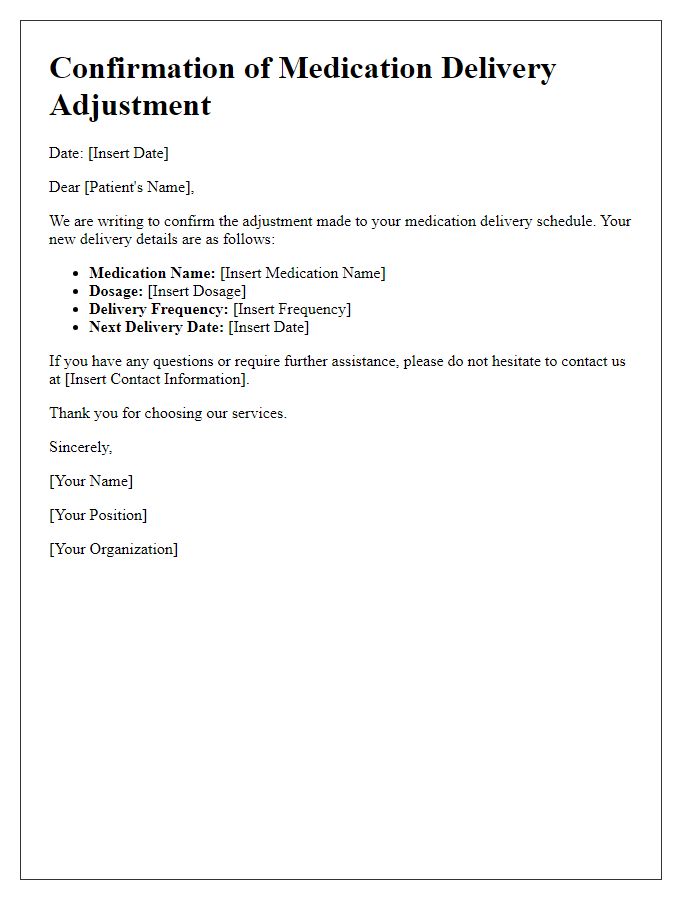 Letter template of confirmation for medication delivery adjustment