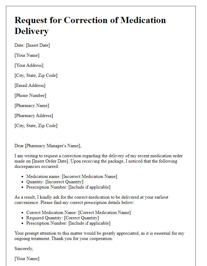 Letter template of request for medication delivery correction