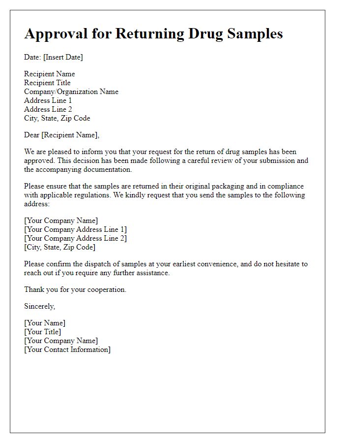 Letter template of Approval for Returning Drug Samples