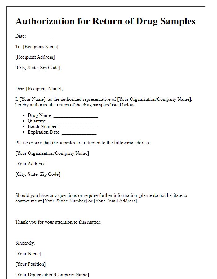 Letter template of Authorization for Return of Drug Samples