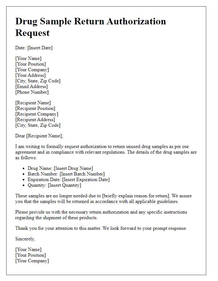 Letter template of Drug Sample Return Authorization Request