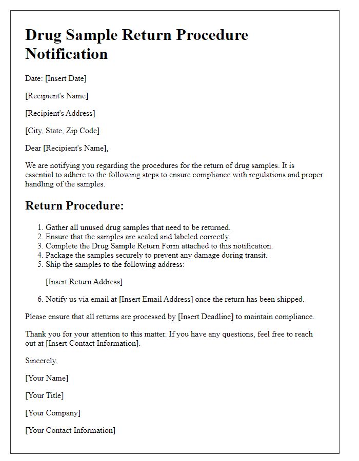 Letter template of Drug Sample Return Procedure Notification