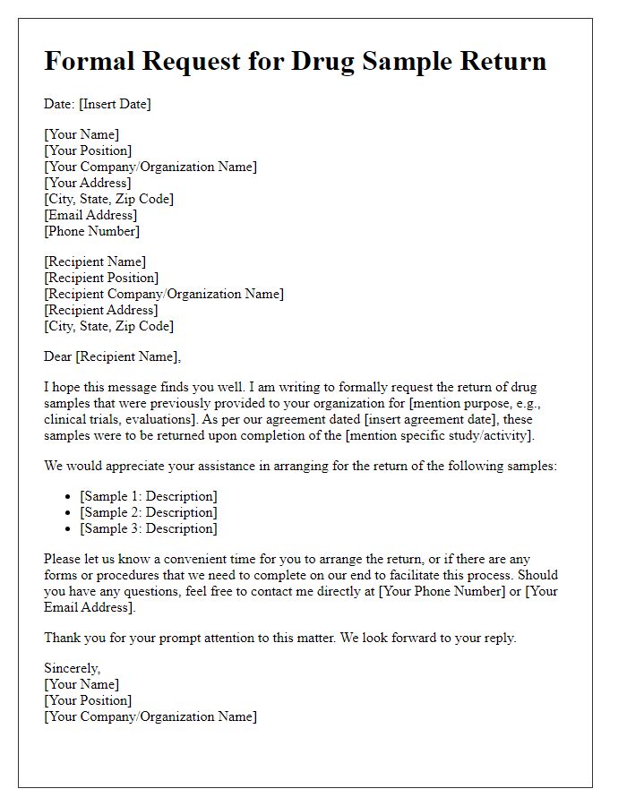 Letter template of Formal Request for Drug Sample Return