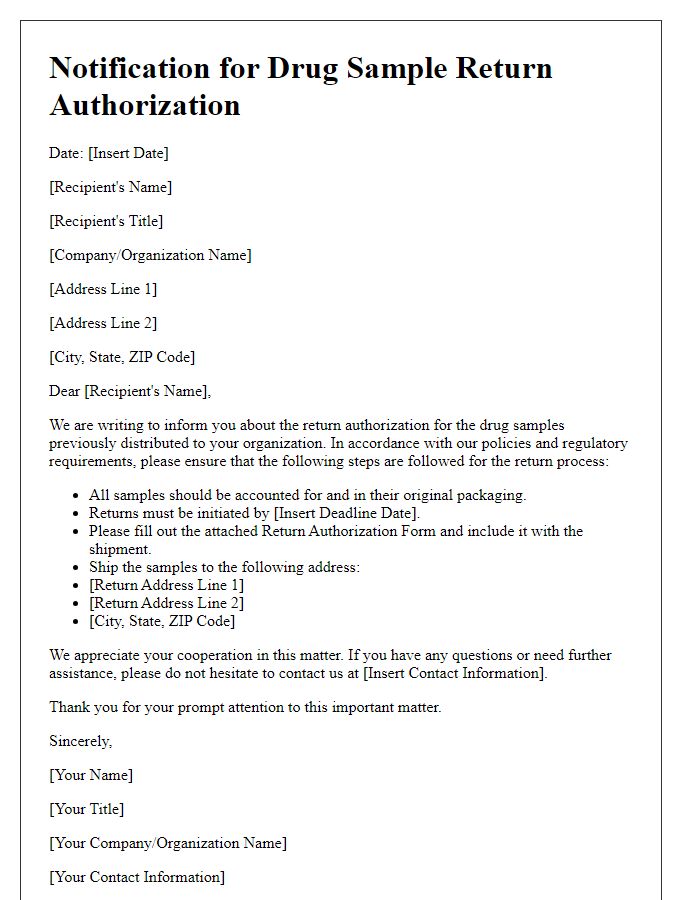 Letter template of Notification for Drug Sample Return Authorization