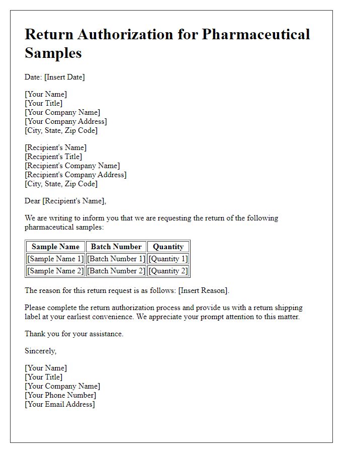 Letter template of Return Authorization for Pharmaceutical Samples