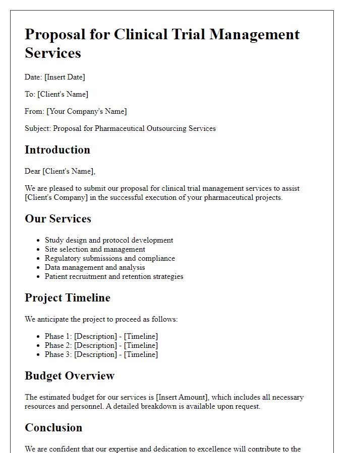 Letter template of pharmaceutical outsourcing service proposal for clinical trial management.