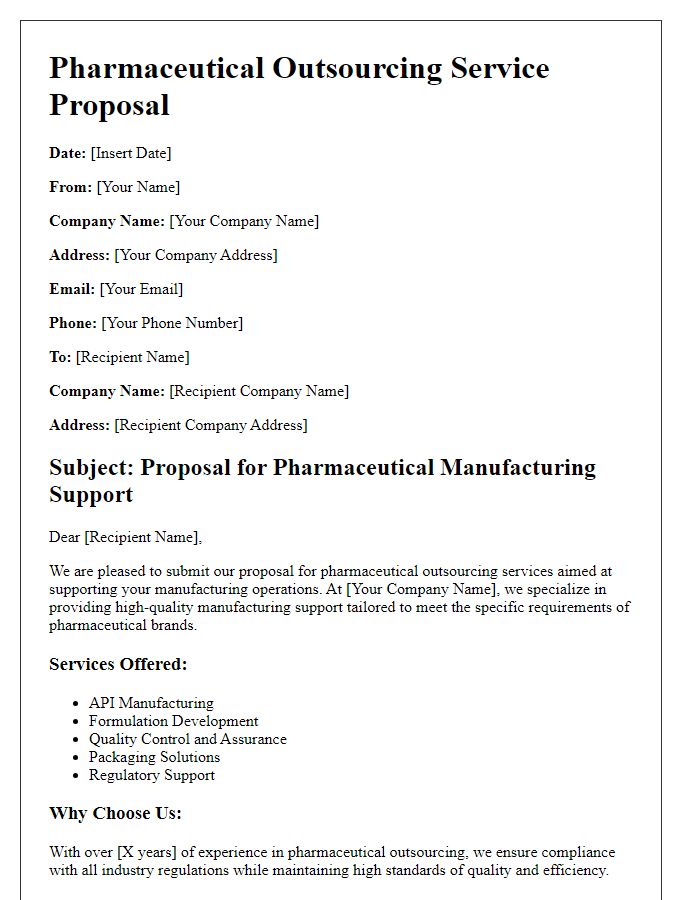 Letter template of pharmaceutical outsourcing service proposal for manufacturing support.