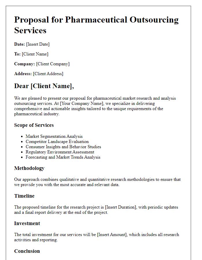 Letter template of pharmaceutical outsourcing service proposal for market research and analysis.