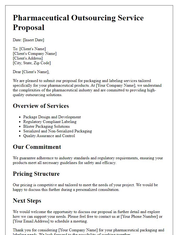 Letter template of pharmaceutical outsourcing service proposal for packaging and labeling services.