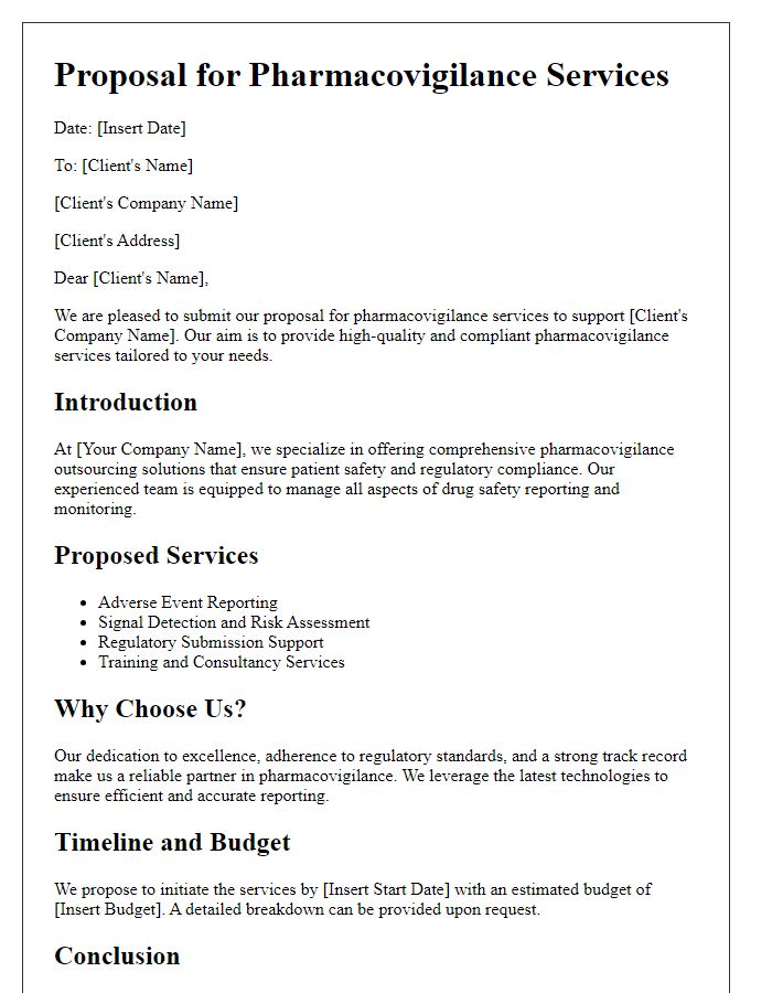 Letter template of pharmaceutical outsourcing service proposal for pharmacovigilance services.